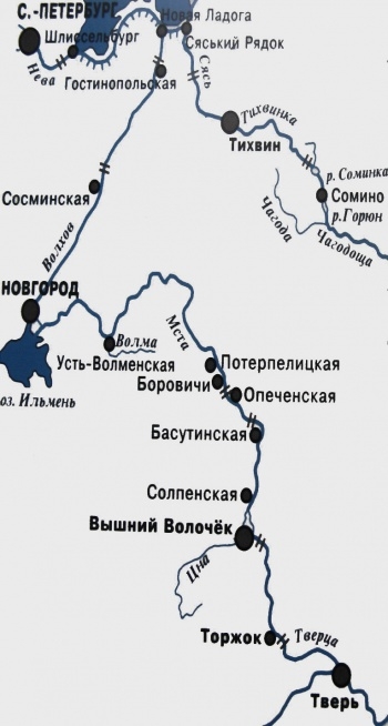 Схема Вышневолоцкой водной системы с реками входящими в неё
